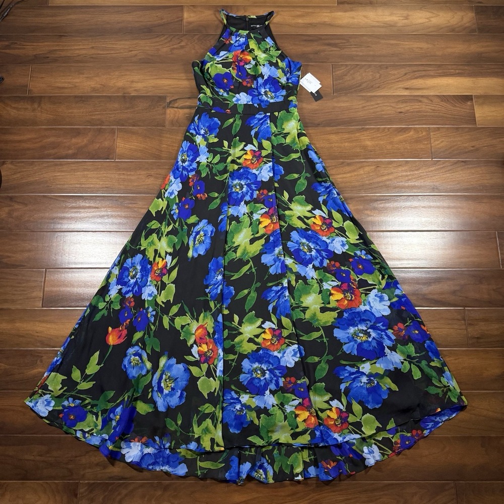 Betsy & Adam Womens Size 4 Floral Sleeveless Halter Neck Faux‎ Wrap Maxi Dress